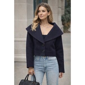 Michael Kors Collection Wool Navy Jacket Wide Collar Button‎ Front 2